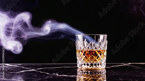 A glass of whiskey sits steaming on a dark marble surface with smoke rising.