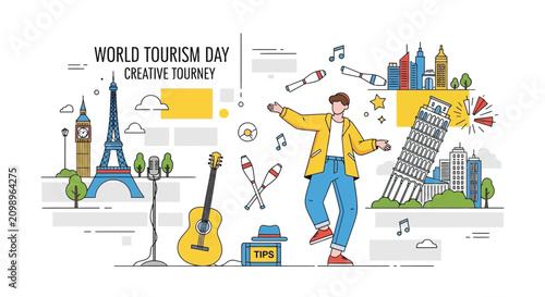 World Tourism Day creative traveler exploring global landmarks illustration.