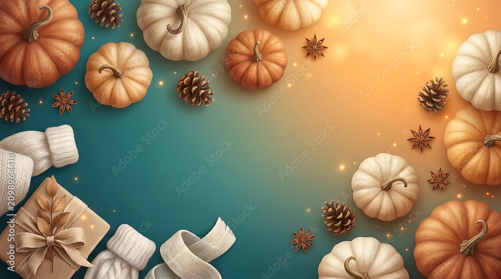 Fototapeta premium Flat lay of autumn pumpkins, pinecones, gift boxes, and warm knitwear on a teal gradient background with bokeh lights