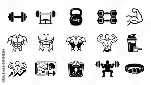 Black and white fitness icons set with gym and workout symbols