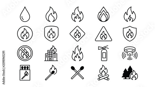 Black and white line icons of fire safety signs and symbols  firefighting equipment