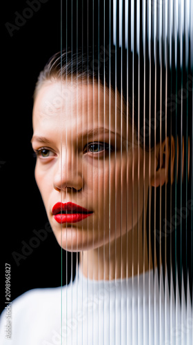 A woman with red lipstick and dark hair looking to the side with her face partially obscured by vertical blinds
