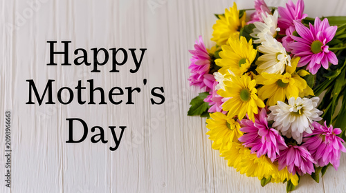 A graphic with a bouquet of colorful flowers and the text Happy Mother's Day in the center