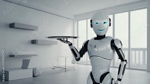 A white robot waiter holds a tray in a modern room with large windows