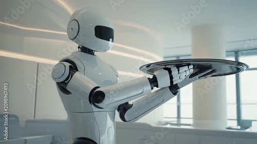 A white robot with glowing blue eyes holds a silver tray in a bright modern interior with sleek lines