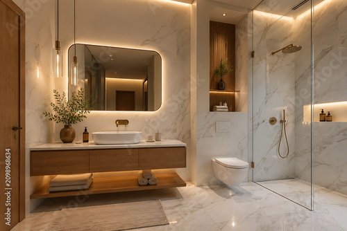 Luxury Modern Bathroom Interior with Marble Tiles and Elegant Wooden Vanity