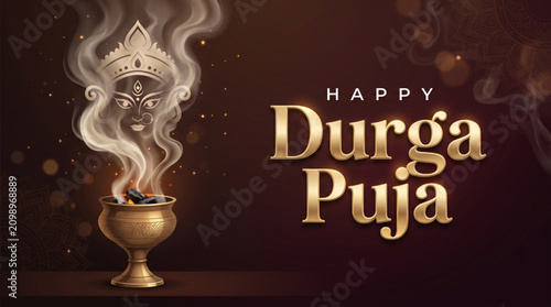 Happy Durga Puja Greeting Banner with Sacred Incense Smoke Forming Goddess Durga Face on Dark Festive Background