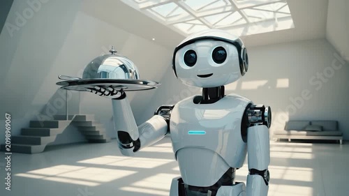 A robot holds a silver serving dish in a modern white room with stairs and a slanted roof.