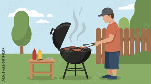 Slika na platnu Man grilling hamburgers and hot dogs on a barbecue in a backyard
