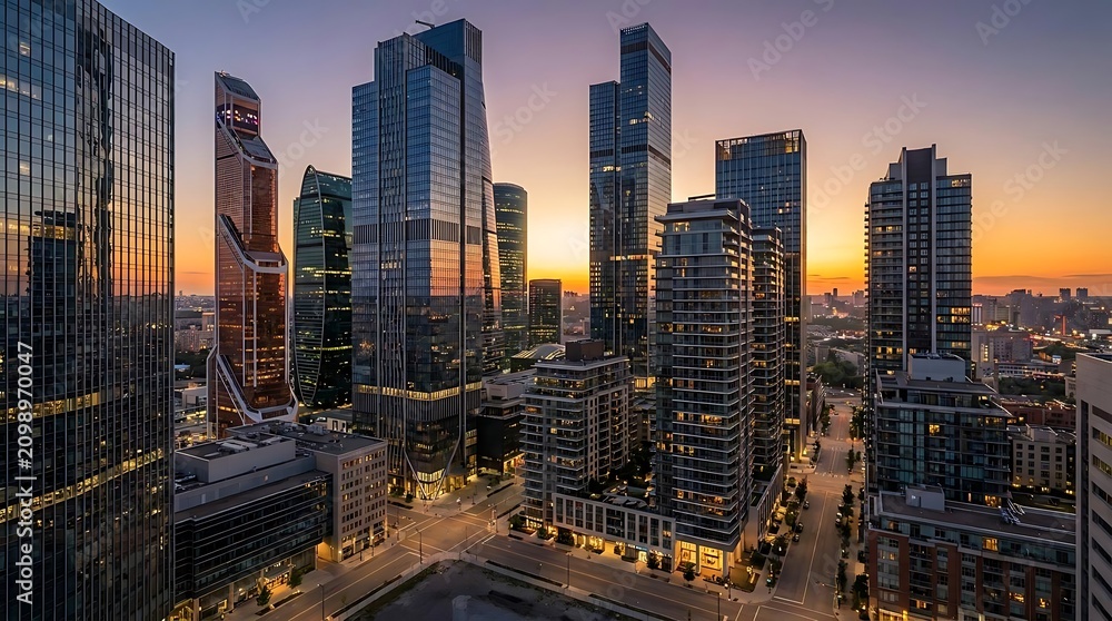 Fototapeta premium Modern city skyline at dusk with sunset light.