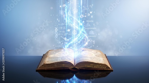 Open Book with Glowing Digital Knowledge and Blue Energy