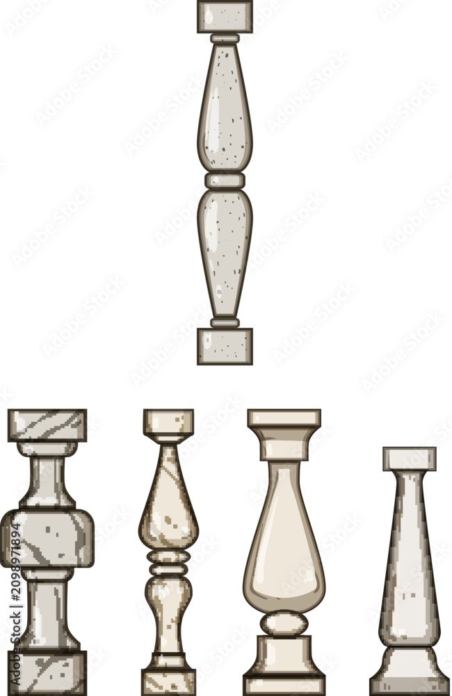 Obraz premium Collection of various stone balusters showcasing different historical and classic architectural design elements for construction and decorative purposes