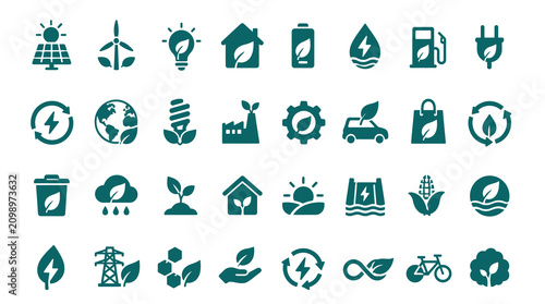 Comprehensive collection of green icons representing renewable energy, ecology, and environmental sustainability