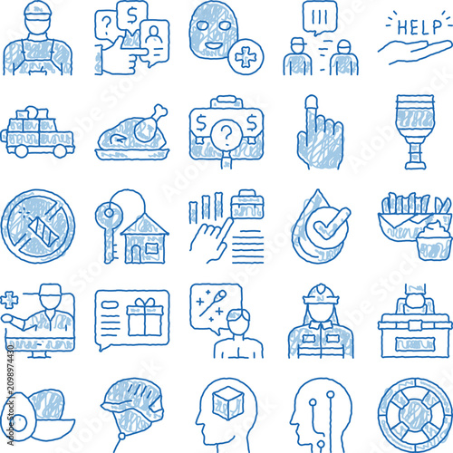 Foto Collection of hand drawn scratch style icons depicting various essential service