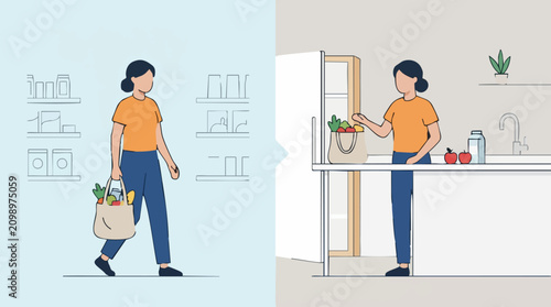Photos Woman unpacking groceries after shopping, healthy lifestyle illustration