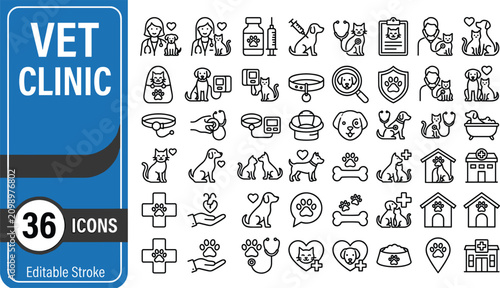 Minimal Veterinary Clinic Line Icon Set with Editable Stroke for Pet Care, Animal Hospital, Medical and Healthcare Design