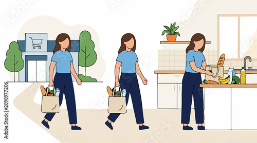 Photos Woman shopping for groceries and unpacking food at home in kitchen