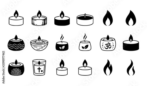Photos Twelve tealight candle icons set with flame, spa, memorial, mandala, om symbol,