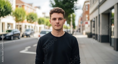 Young man standing in a city street wearing a black long sleeve shirt during the day