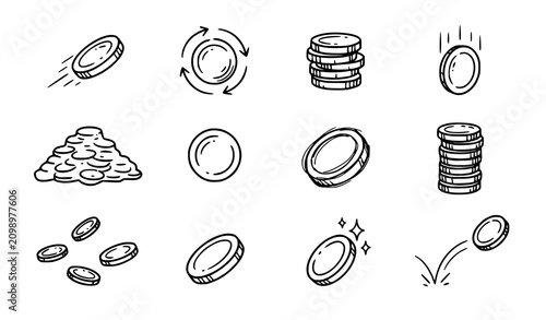 Cuadro en lienzo Hand drawn doodle coin icons set with falling, stacked, spinning, sparkling, bou