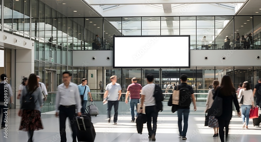 Fototapeta premium Large blank billboard sign hanging in a busy modern airport terminal with many people walking and carrying luggage