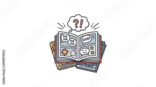 Canvas Print Open comic book with speech bubbles and question mark in thought bubble