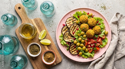 Quadro su tela Vibrant middle eastern salad with grilled eggplant falafel and fresh vegetables