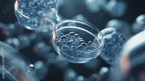 Clear glass bowls containing blue spheres in abstract setting