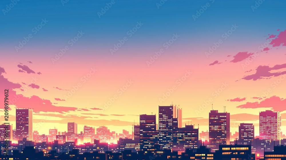 Obraz premium 夕焼けに染まる都市のビル群と輝く美しい夜景