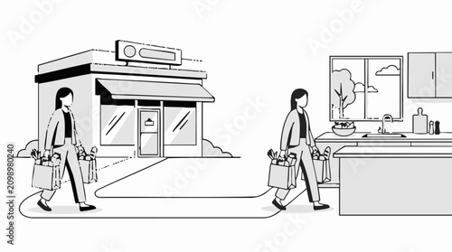 Canvastavla Minimalist illustration of woman returning home with groceries