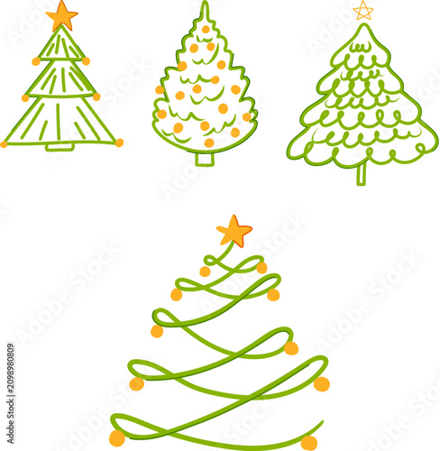 Foto Collection of four unique evergreen tree illustrations, each featuring a golden