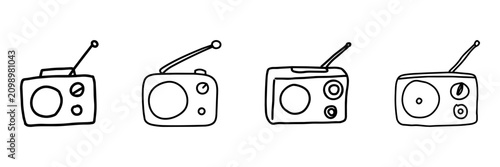 Radio Receiver Hand Drawn Doodle Icon Set. Broadcasting, Listening, Tuning And Audio Entertainment Sketch Symbol Collection. Media And Communication. Isolated Vector Illustration