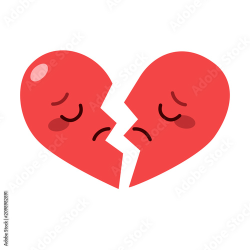 Cute Broken Heart Character with Sad Face. Kawaii Heartbreak Emoji Isolated on Transparent Background. Cute broken heart character with sad facial expression in kawaii cartoon style.