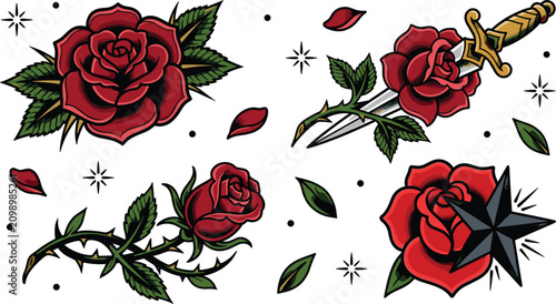 Bild auf Leinwand Old school traditional tattoo flash vector set with red roses, sharp dagger, nau