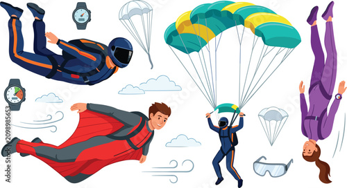 Foto Skydiving and wingsuit flying vector illustration set with parachutists, paragli