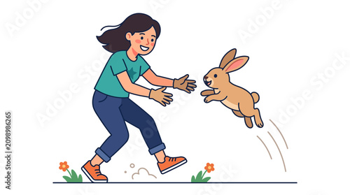 A happy young woman plays with a small brown rabbit in a garden setting