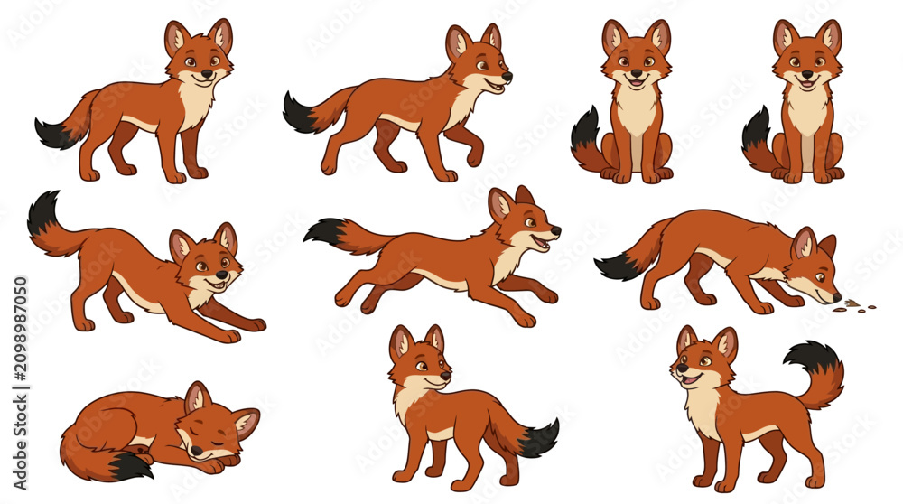 Obraz premium Various red foxes are shown in different poses and movements on white