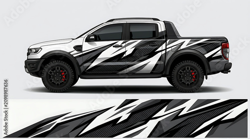 Pickup truck with geometric abstract graphic wrap design for off-road adventure and customization