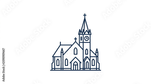 Foto Simple Line Drawing of a Traditional Church Building with Steeple and Clock