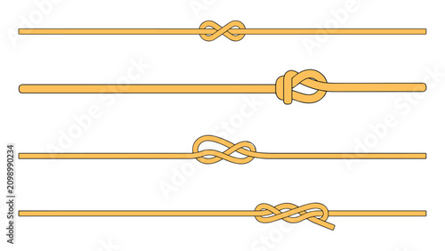 Four different types of knots on yellow ropes isolated on white background for tying  securing  sailing  climbing