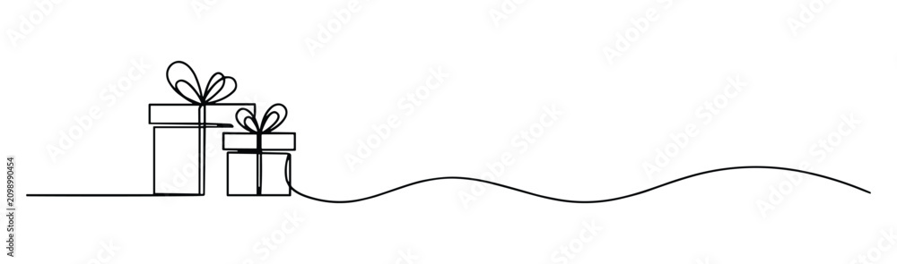 Fototapeta premium Minimalist line drawing of two gifts with ribbons on a wavy continuous line simple elegant illustration