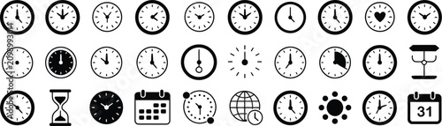 Time Watch Icon featuring alarm clock, stopwatch, hourglass, calendar, countdown, reminder, deadline, and scheduling symbols in black glyph vector styles.