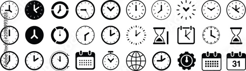 Time Watch Icon featuring alarm clock, stopwatch, hourglass, calendar, countdown, reminder, deadline, and scheduling symbols in black glyph vector styles.