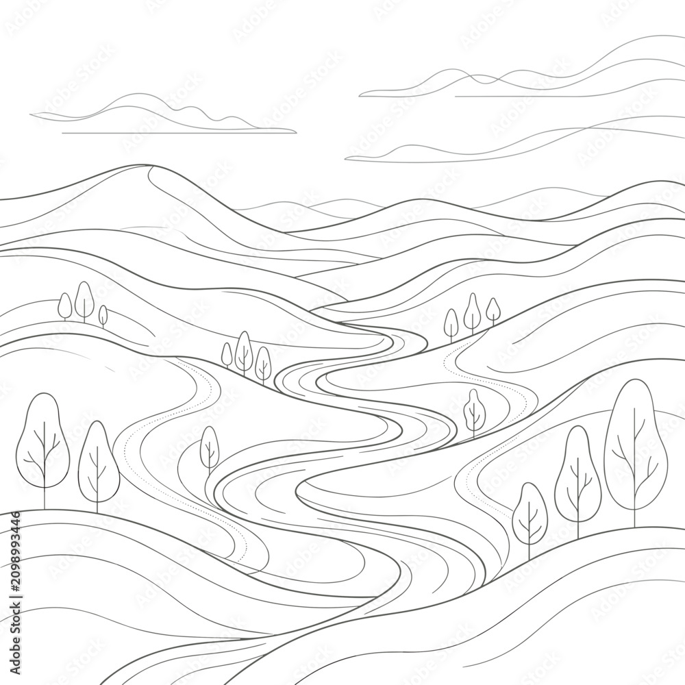 Fototapeta premium Stylized landscape with winding river and rolling hills in minimalist line art style