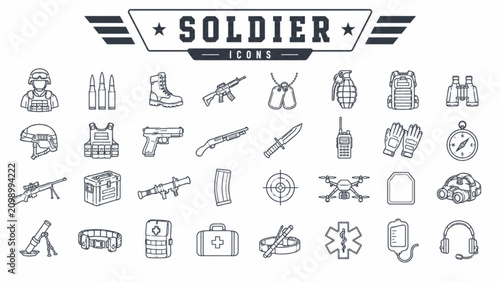 Soldier Line Icons Set Featuring Military Personnel, Defense Equipment, and Army Outline Symbols
