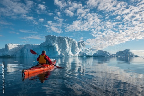 A red kayak in the ocean surrounded by icebergs in an Antarctic landscape.