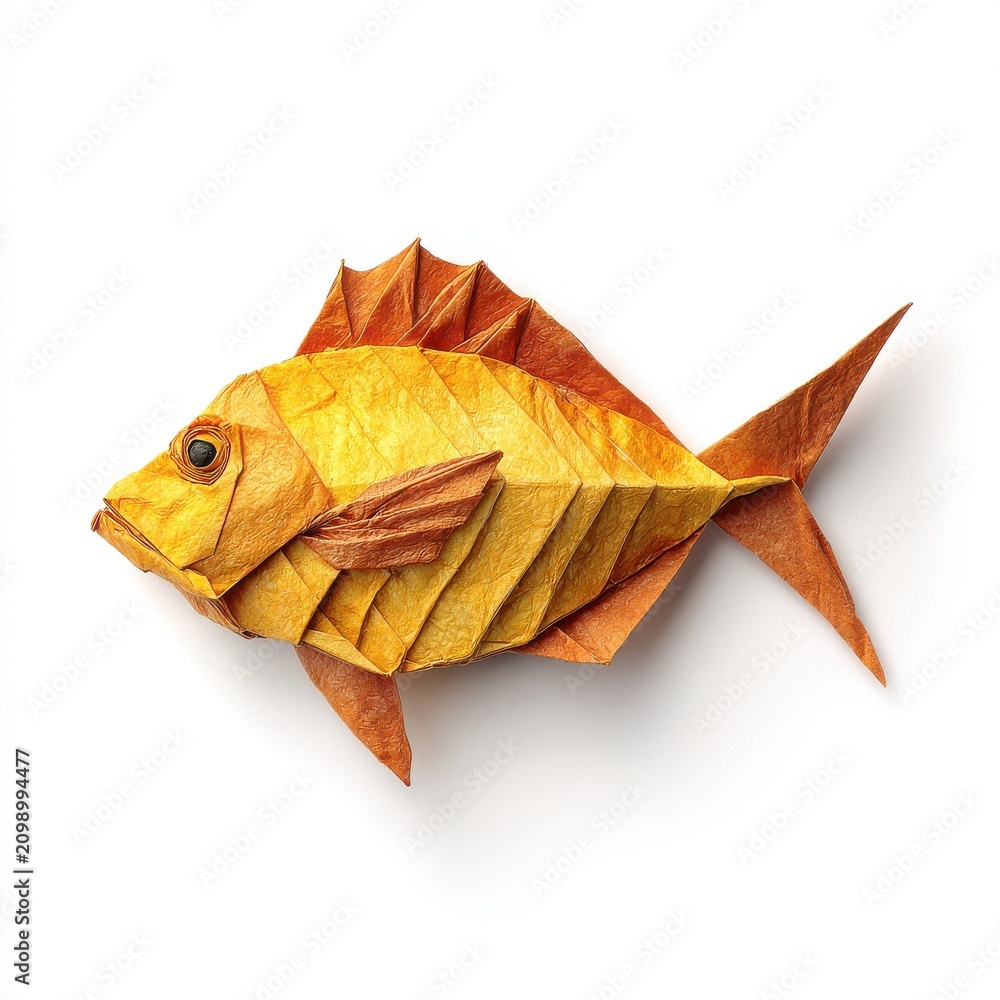 Fototapeta premium Origami Fish Made From Golden Autumn Leaves On A Clean White Background High Angle View