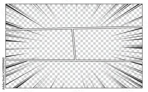 Comic book page background template. Radial rays background with halftone effect in pop art style design.