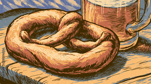 Illustrated Pretzel and Beer Stein on Wooden Table