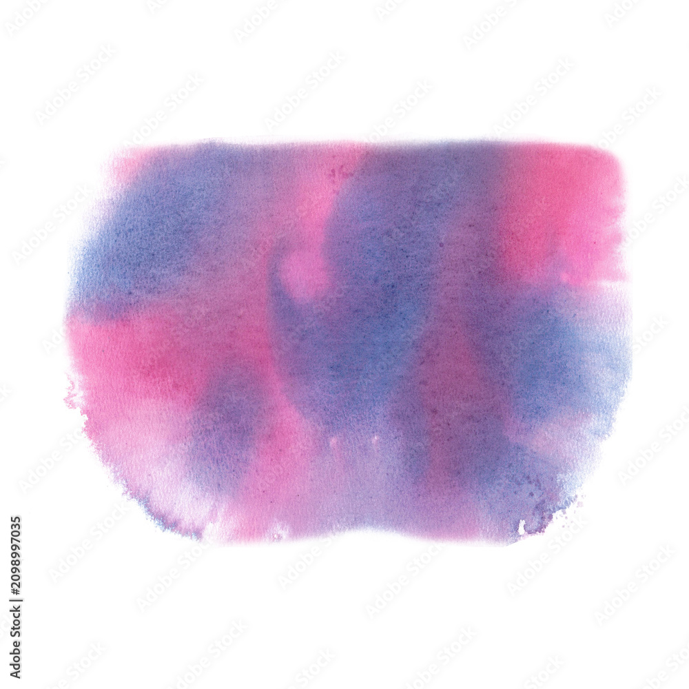 Fototapeta premium A watercolor splash combining soft pink and lilac-blue hues, reminiscent of a sunset or a light cloud. Perfect for cards, invitations, children's themes, fashion blogs, crafts, and romantic themes.